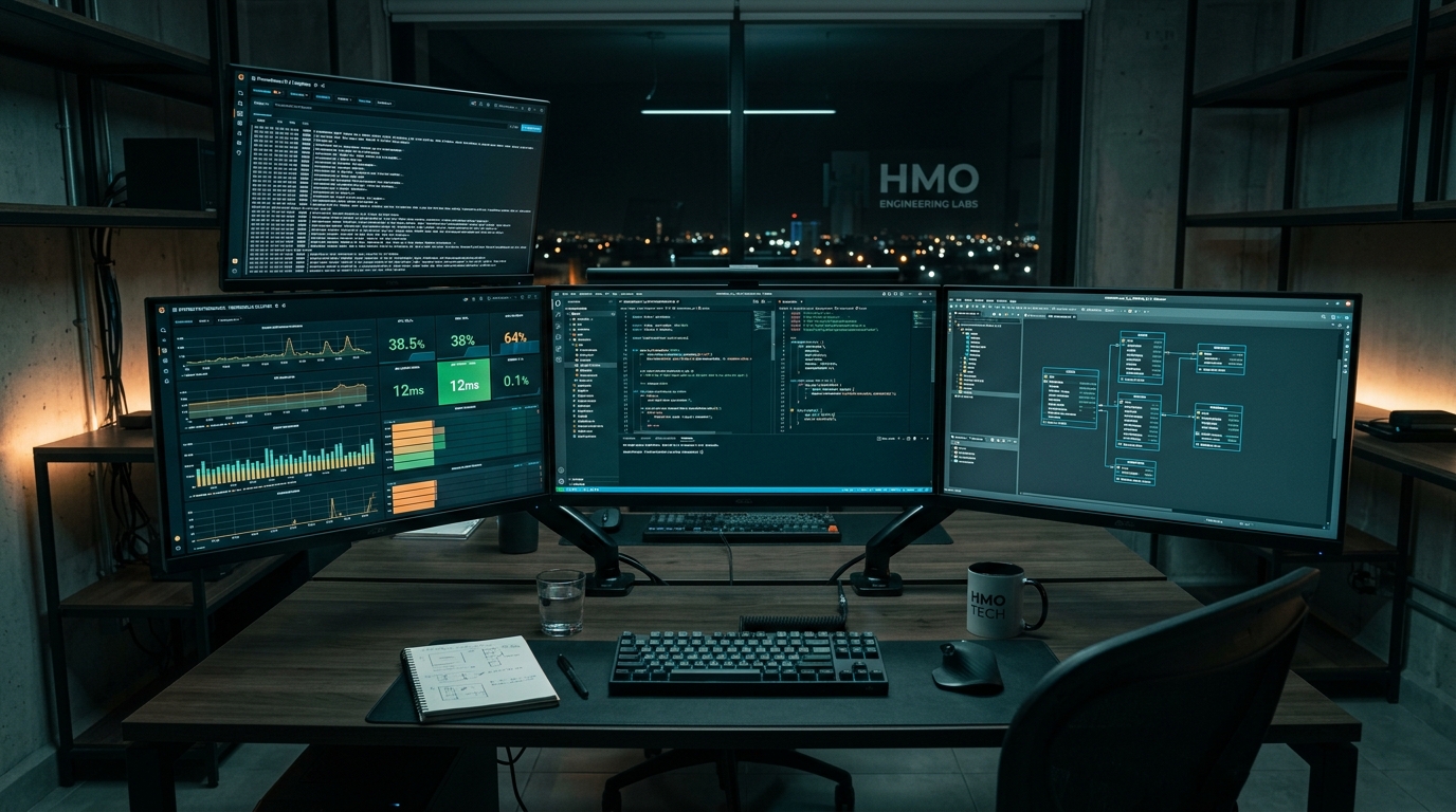 Estación de trabajo de ingeniería de software con pantallas oscuras mostrando arquitectura de sistemas y métricas corporativas